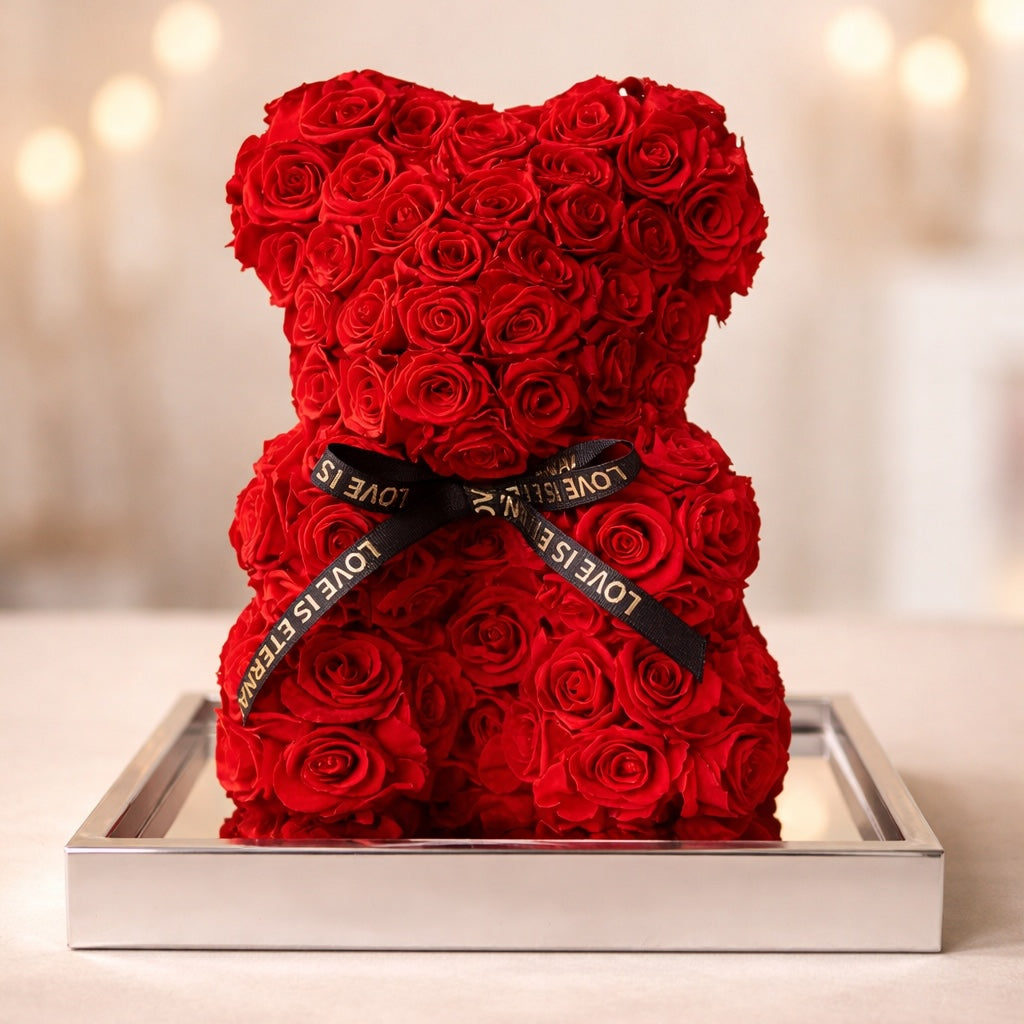 Crimson red eternal rose teddy bear made of real preserved roses with ribbon | LovePicker gift