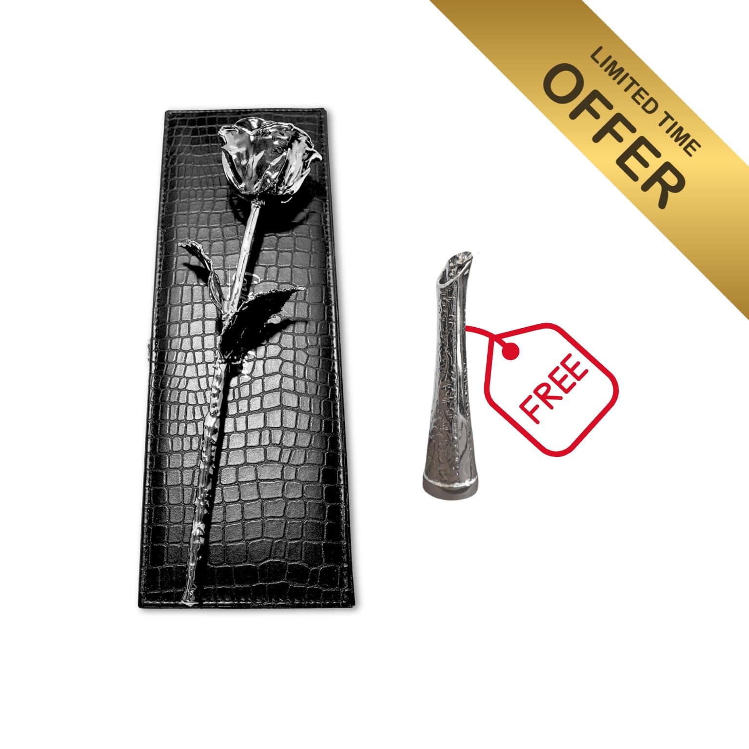 Pure Silver Rose + FREE Silver-Dipped Vase Set | Black Vegan Leather Box