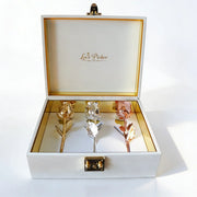 Gift box with gold, silver, and rose gold preserved roses, luxury anniversary gift