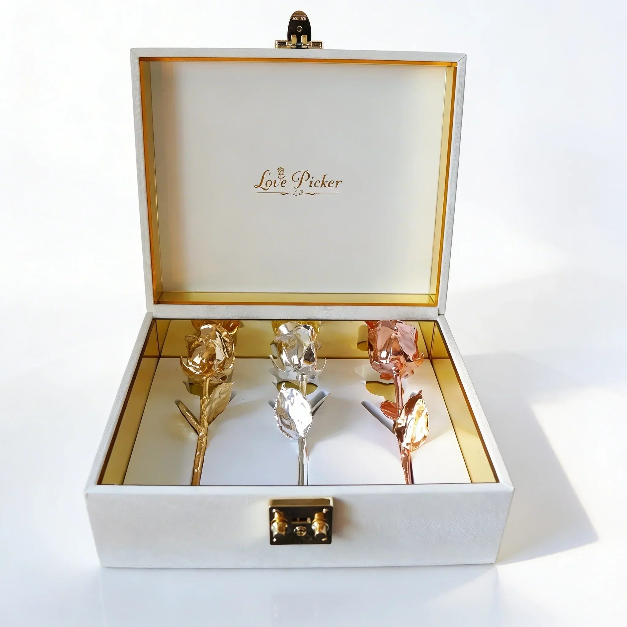 Gift box with gold, silver, and rose gold preserved roses, luxury anniversary gift