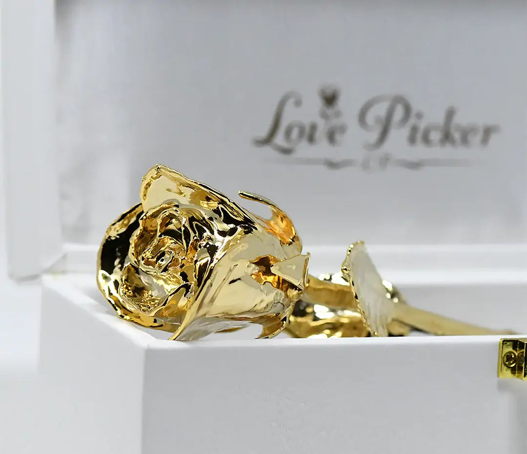 Gold rose in a white box with 'Love Picker' branding