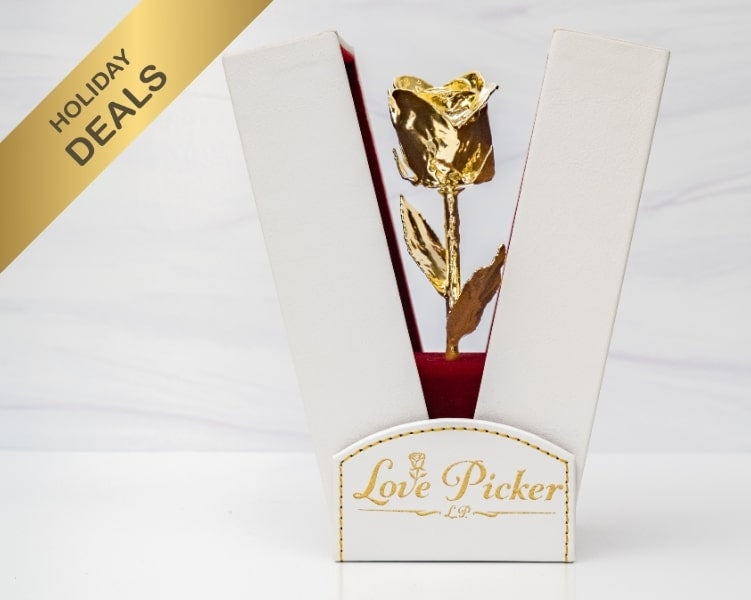 Gold rose in a box with 'Love Picker' branding on a white background