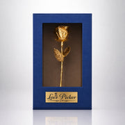 Gold rose in a blue box with 'Love Picker' branding on a white background
