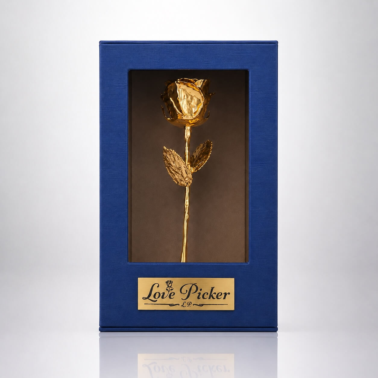 Gold rose in a blue box with 'Love Picker' branding on a white background