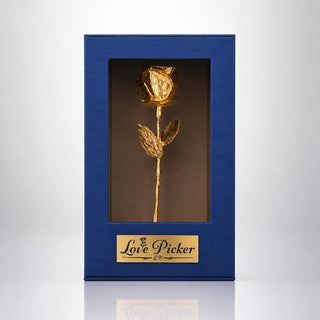 Gold rose in a blue box with 'Love Picker' branding on a white background