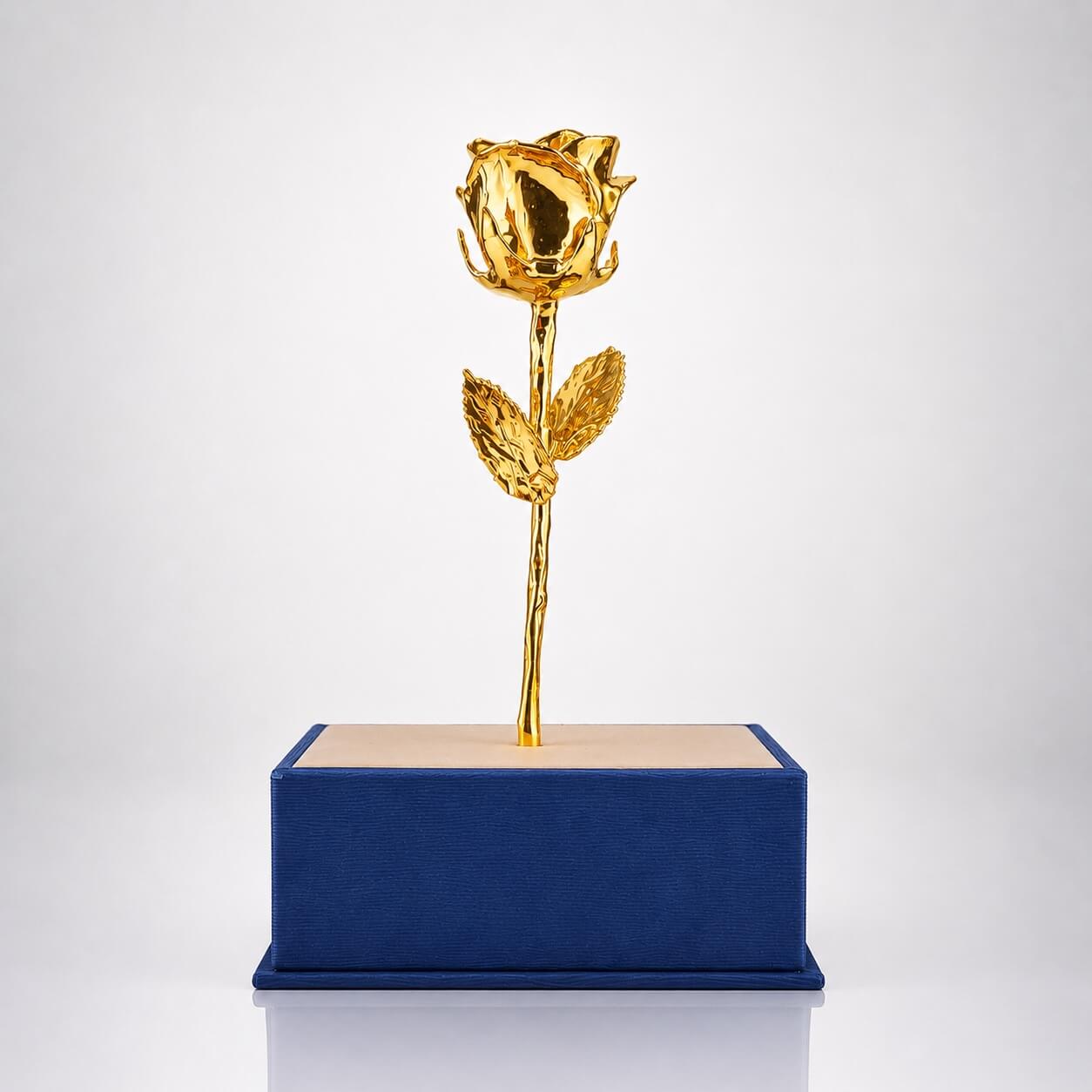 Gold rose on a blue box against a white background