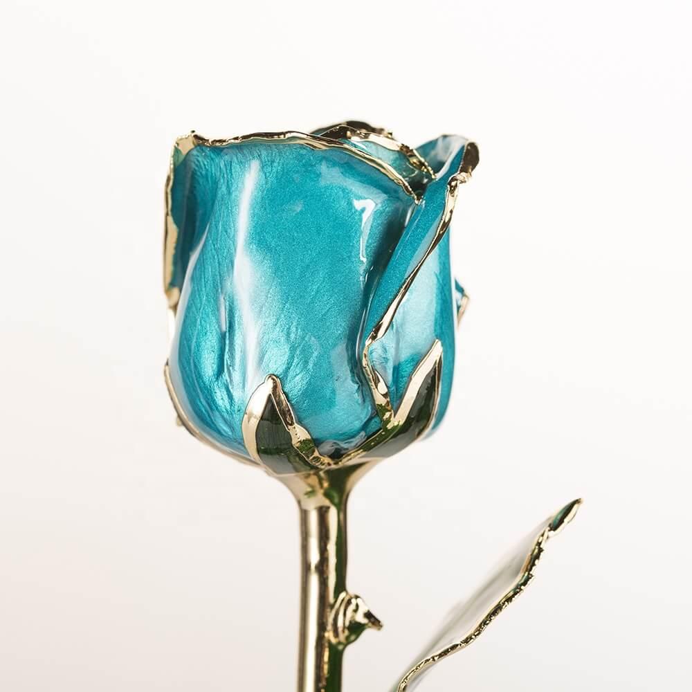 Midnight blue 11.5-inch closed bud preserved rose with 24K gold accents, bloom close-up