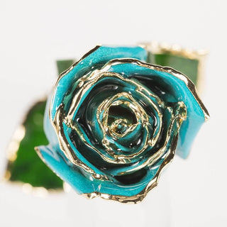 Midnight blue 11.5-inch closed bud preserved rose with 24K gold accents, close-up bloom view