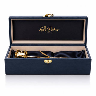 Gold rose in a navy blue box with 'Love Picker' branding on a white background