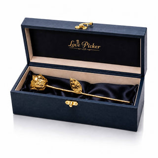Gold rose in a black box with 'Love Picker' branding on a white background