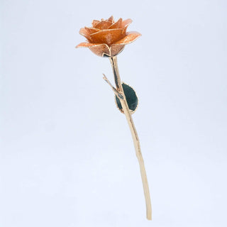 Sunset orange glitter open bloom rose with 24K gold accents, full side view