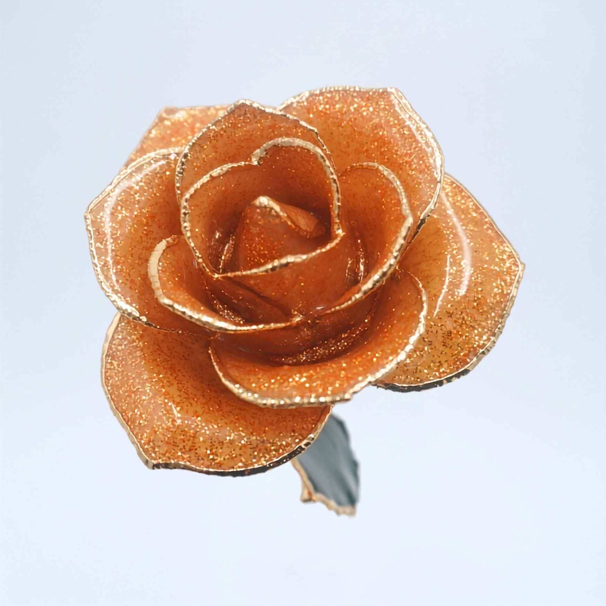 Sunset orange glitter open bloom rose with 24K gold accents, close-up view