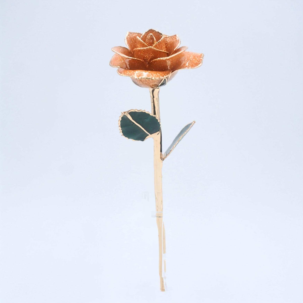 Sunset orange glitter open bloom rose with 24K gold accents, side view