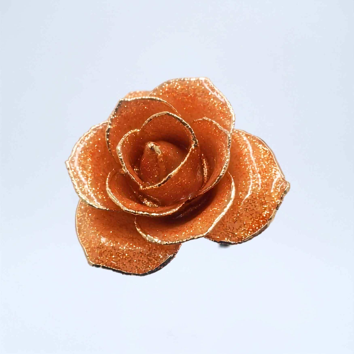 Sunset orange glitter open bloom rose with 24K gold accents, petal close-up