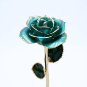 Powder blue pearlized open bloom rose with 24K gold accents, close-up bloom view