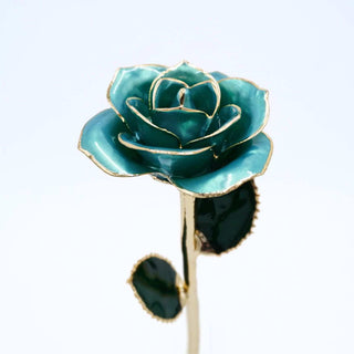 Powder blue pearlized open bloom rose with 24K gold accents, close-up bloom view