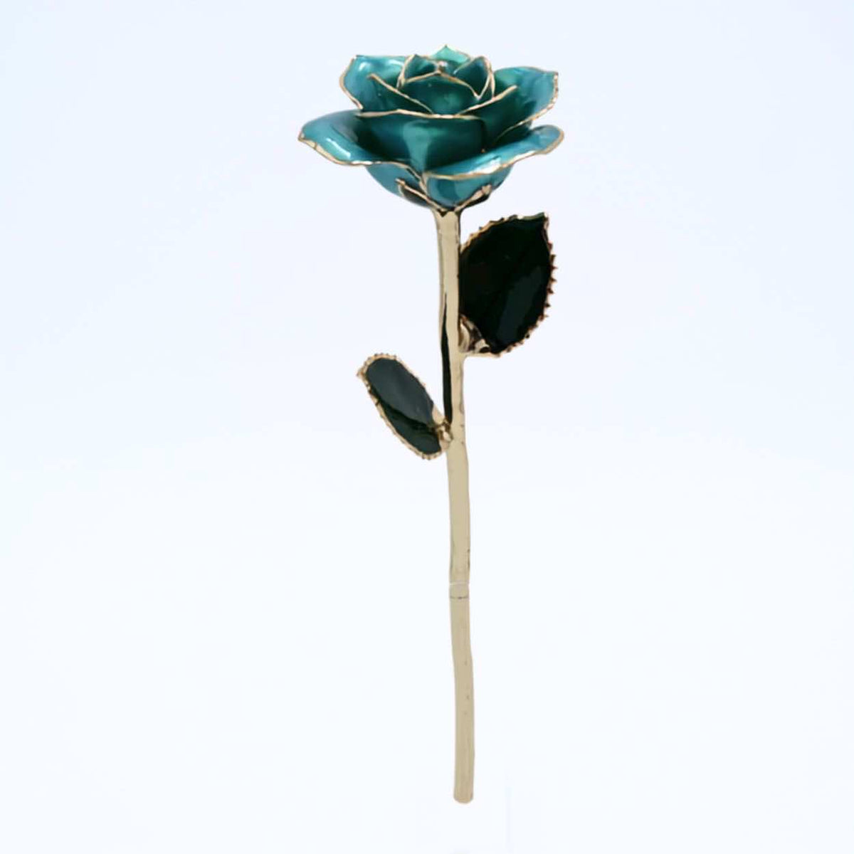 Powder blue pearlized open bloom rose with 24K gold accents, full side view