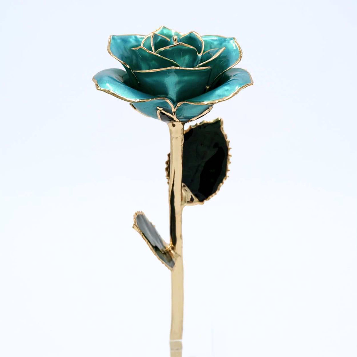 Powder blue pearlized open bloom rose with 24K gold accents, angled half-length view