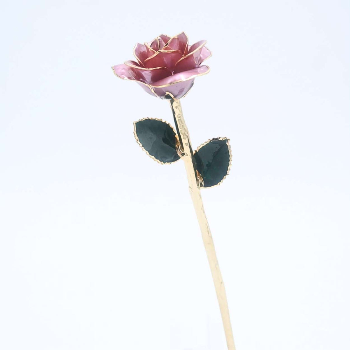 Lavender mauve pearlized open bloom rose with 24K gold accents, full side view
