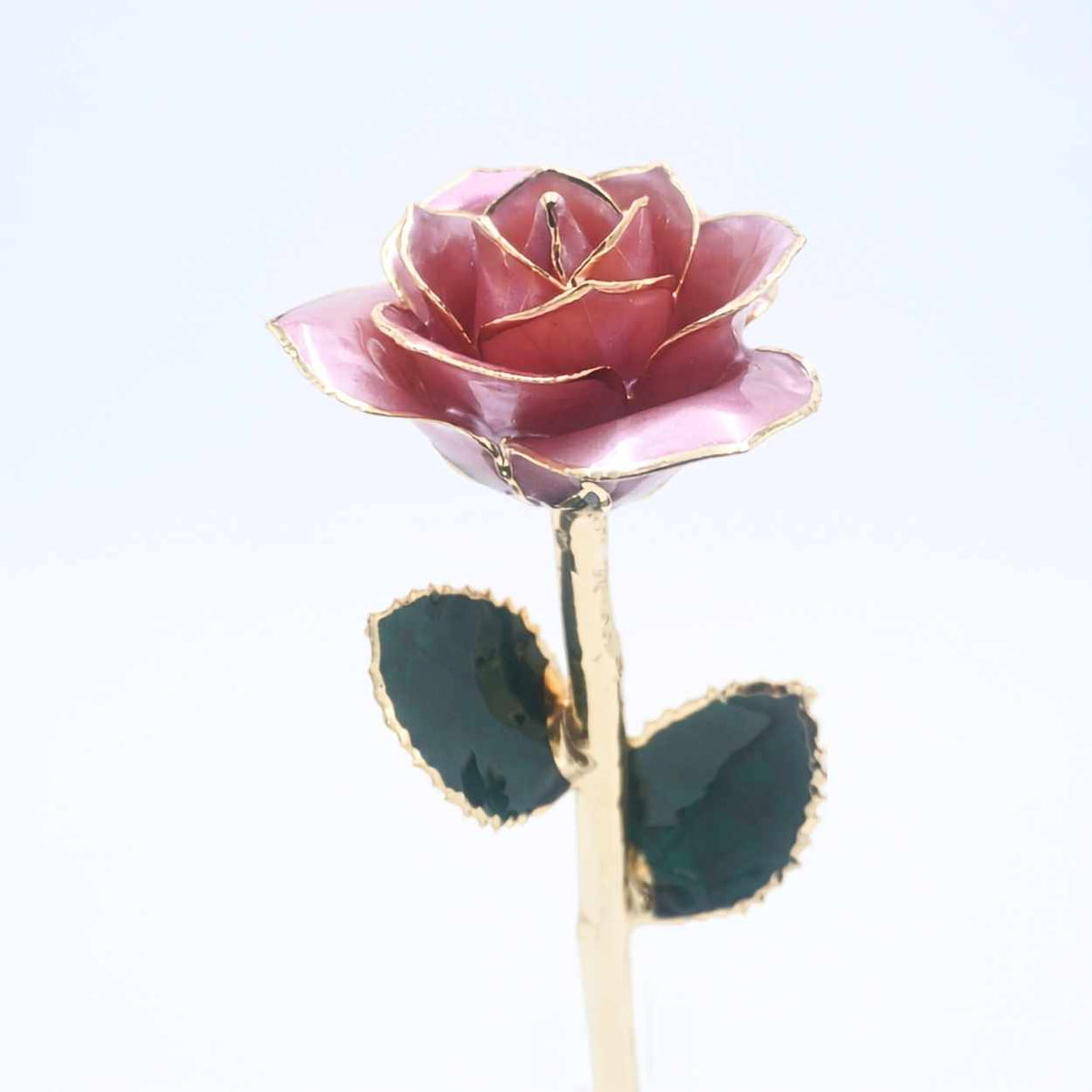 Lavender mauve pearlized open bloom rose with 24K gold accents, half-length view