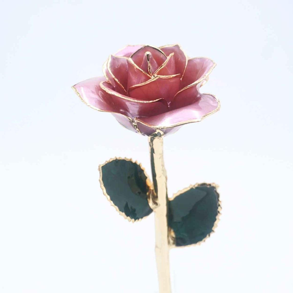 Lavender mauve pearlized open bloom rose with 24K gold accents, angled half-length view