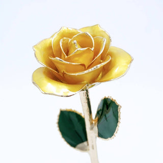 Golden yellow pearlized open bloom rose with 24K gold accents, petal close-up