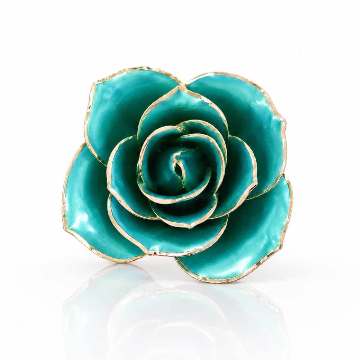 Powder blue pearlized open bloom rose with 24K gold accents, close-up bloom view