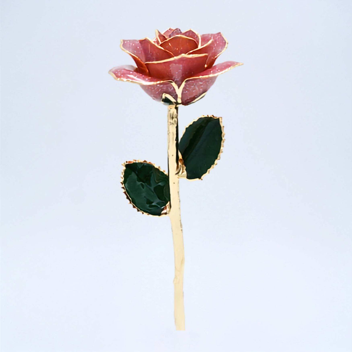 Dark pink galaxy glitter open bloom rose with 24K gold accents, full side view