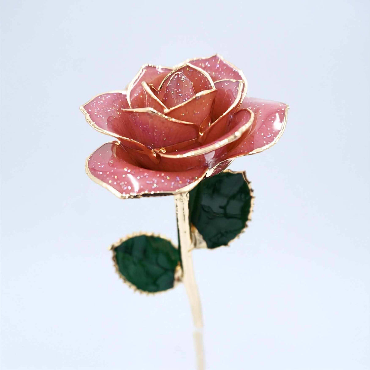 Dark pink galaxy glitter open bloom rose with 24K gold accents, angled half-length view