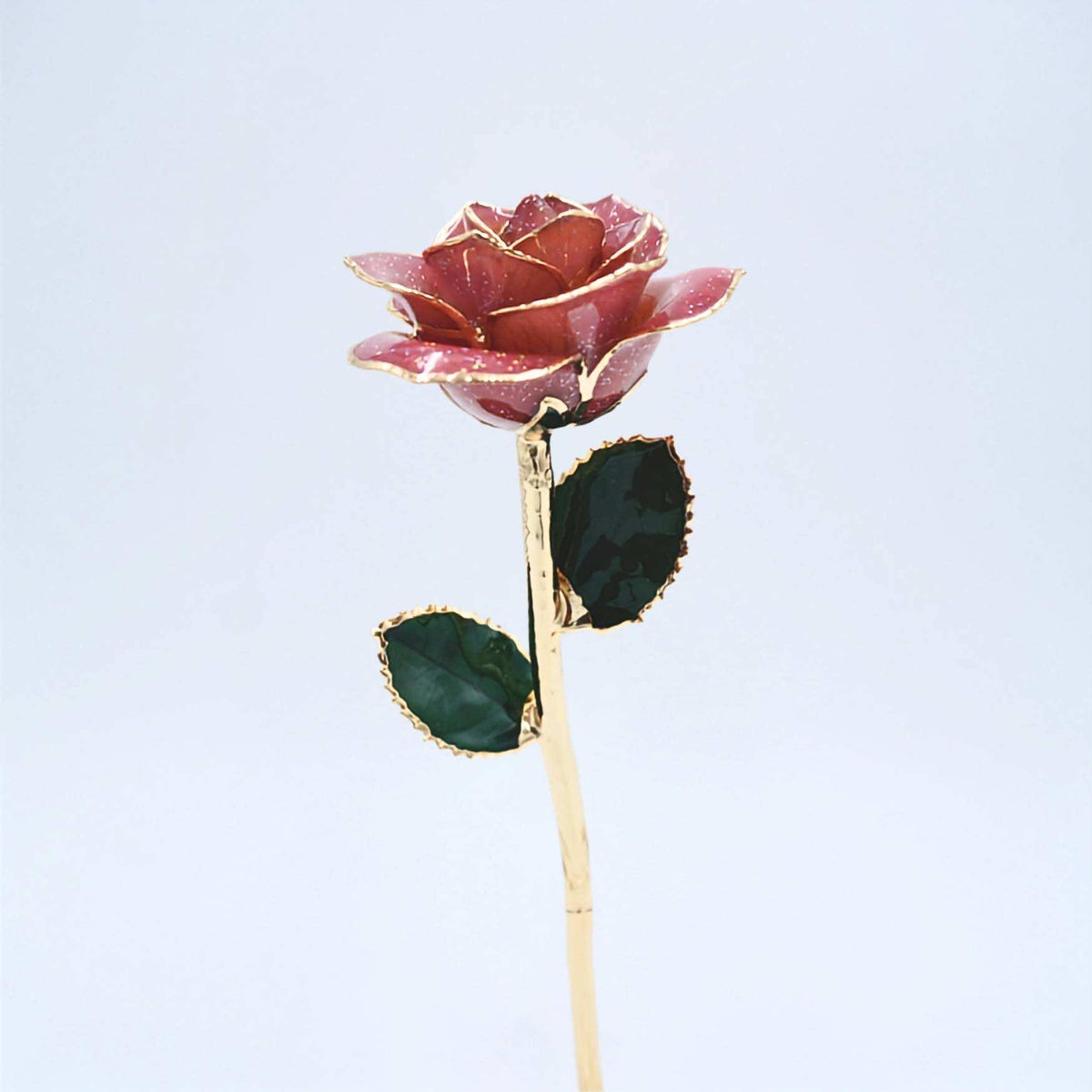 Dark pink galaxy glitter open bloom rose with 24K gold accents, angled half-length view