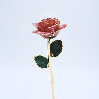 Dark pink galaxy glitter open bloom rose with 24K gold accents, angled half-length view