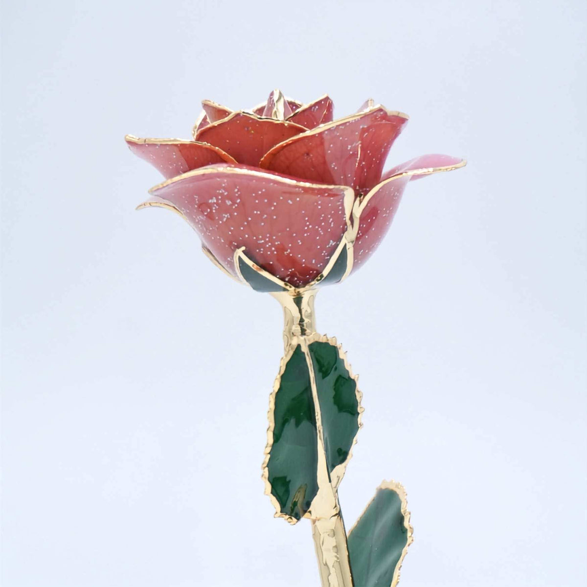 Dark pink galaxy glitter open bloom rose with 24K gold accents, angled half-length view