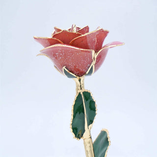 Dark pink galaxy glitter open bloom rose with 24K gold accents, angled half-length view