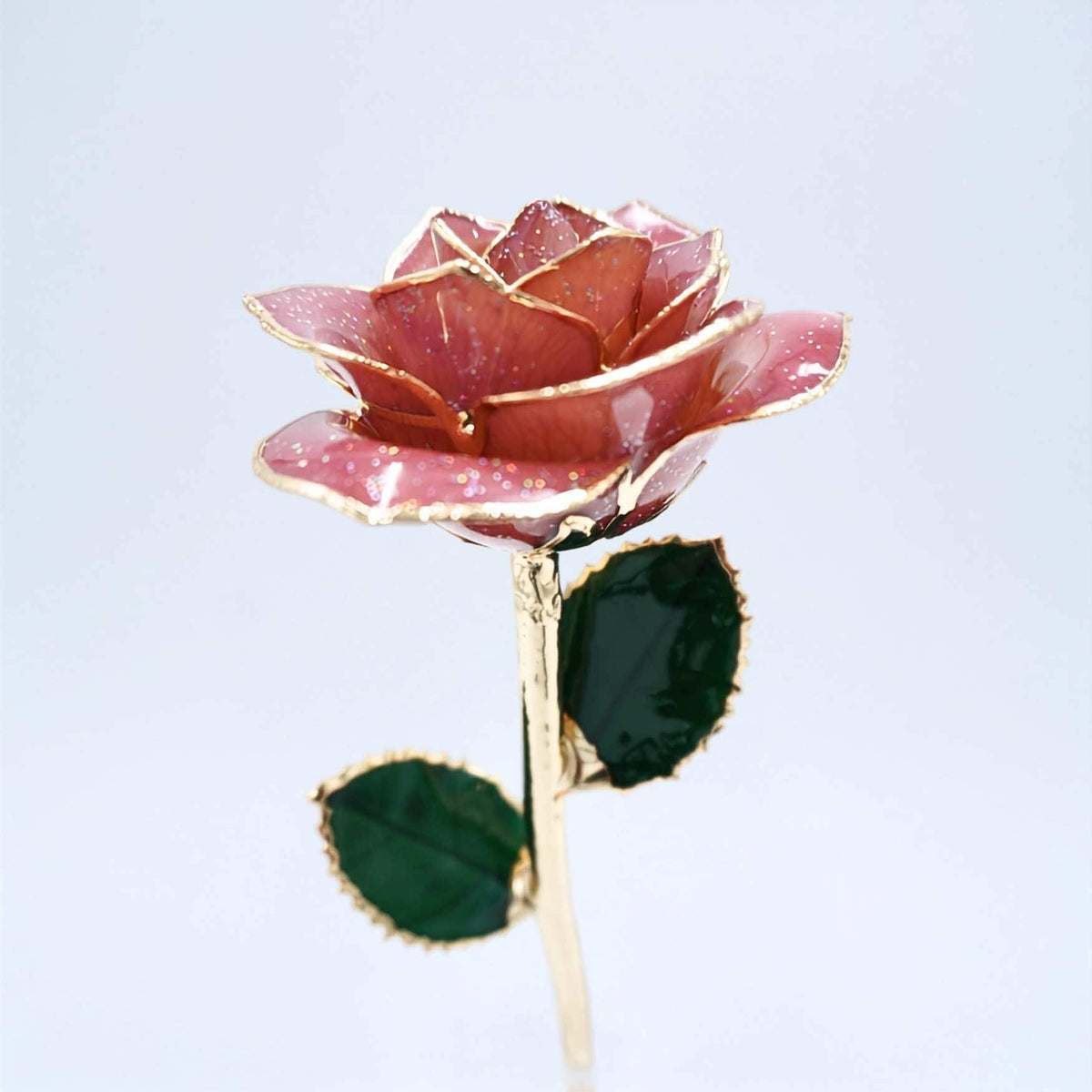 Dark pink galaxy glitter open bloom rose with 24K gold accents, side view
