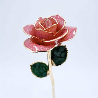 Lavender glitter open bloom rose with 24K gold accents, close side view