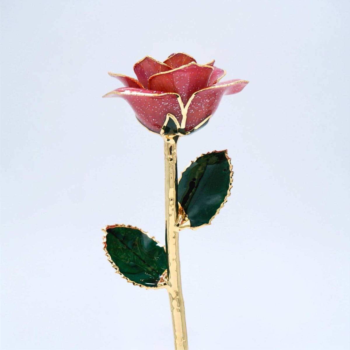 Lavender glitter open bloom rose with 24K gold accents, angled half-length view