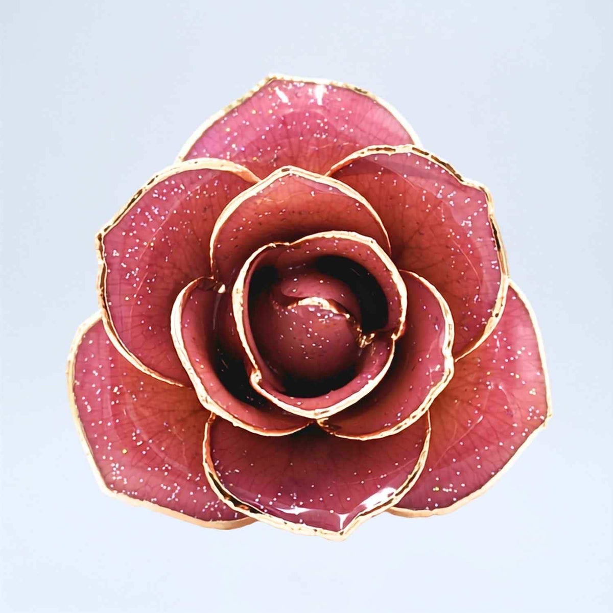 Lavender glitter open bloom rose with 24K gold accents, close-up bloom view
