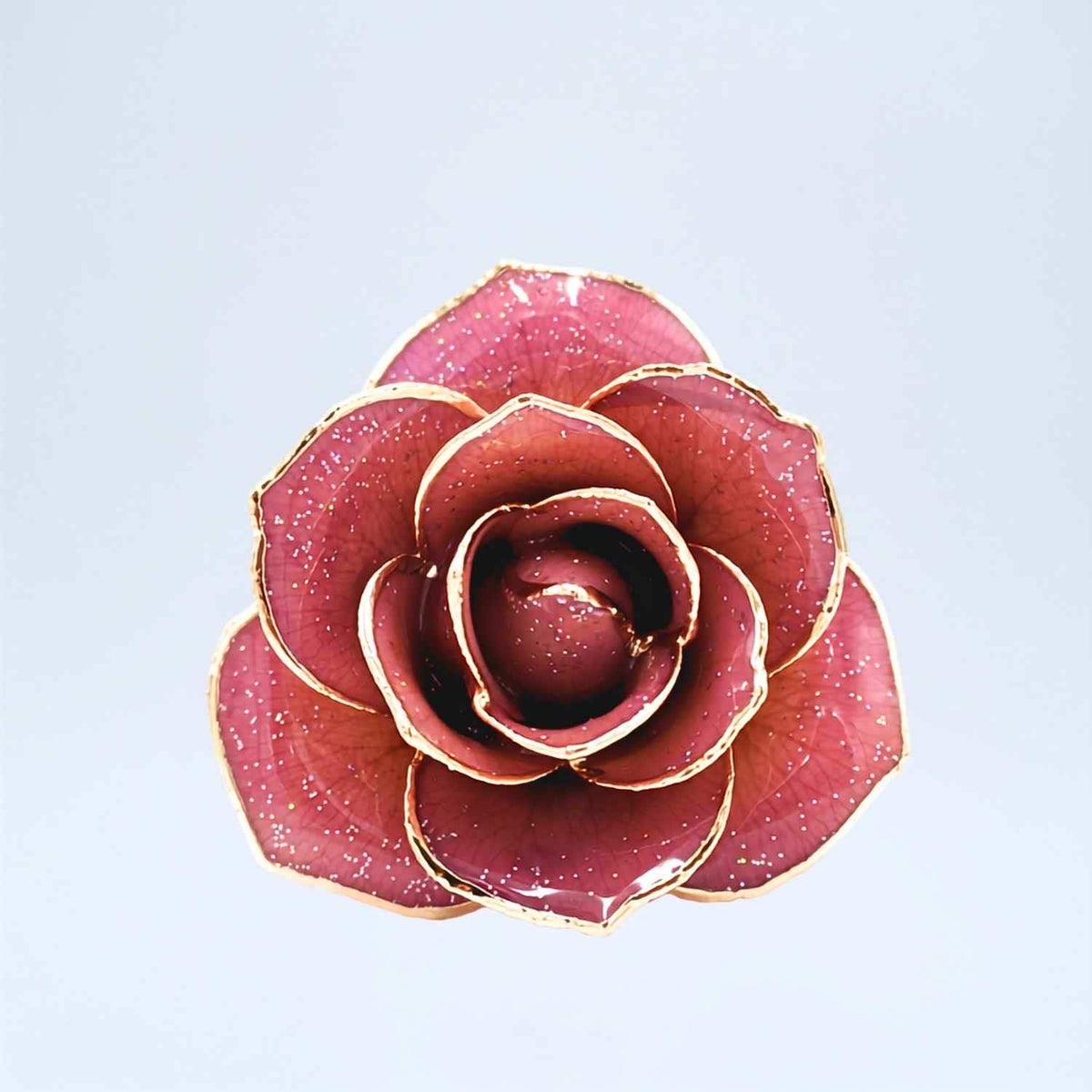 Lavender glitter open bloom rose with 24K gold accents, close-up bloom view