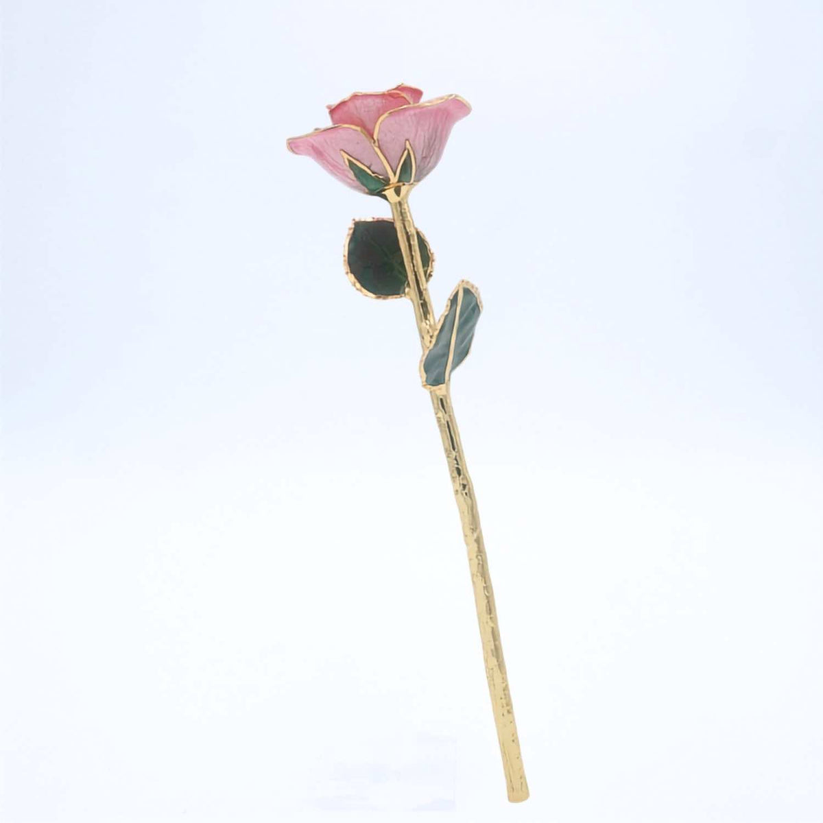 A single decorative rose with pink petals, dark green leaves, and a gold-toned stem, photographed against a plain light background.