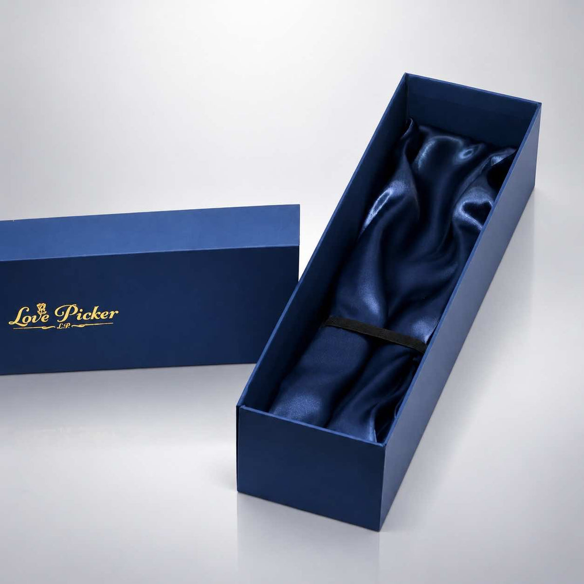 Royal navy blue rigid gift box, open – LovePicker