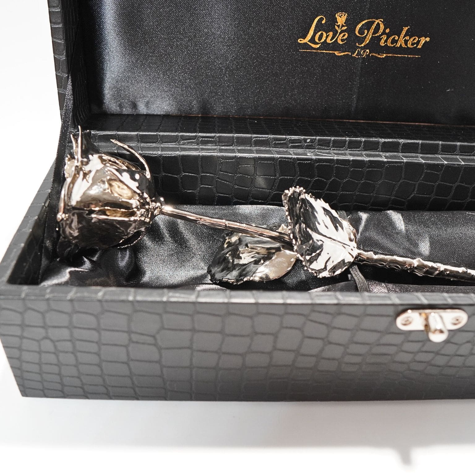 Pure Silver Rose + FREE Silver-Dipped Vase Set | Black Vegan Leather Box