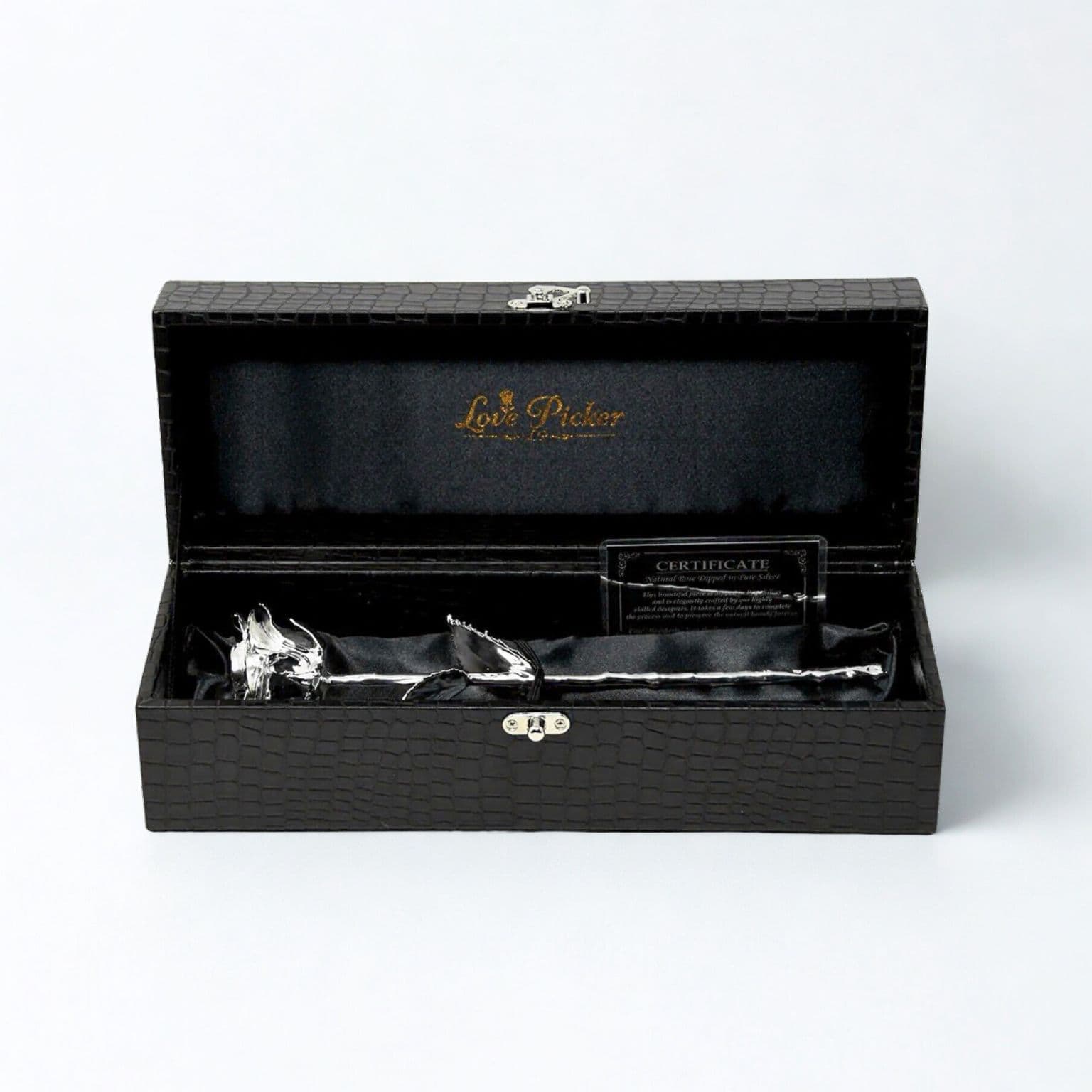 Pure Silver Rose + FREE Silver-Dipped Vase Set | Black Vegan Leather Box