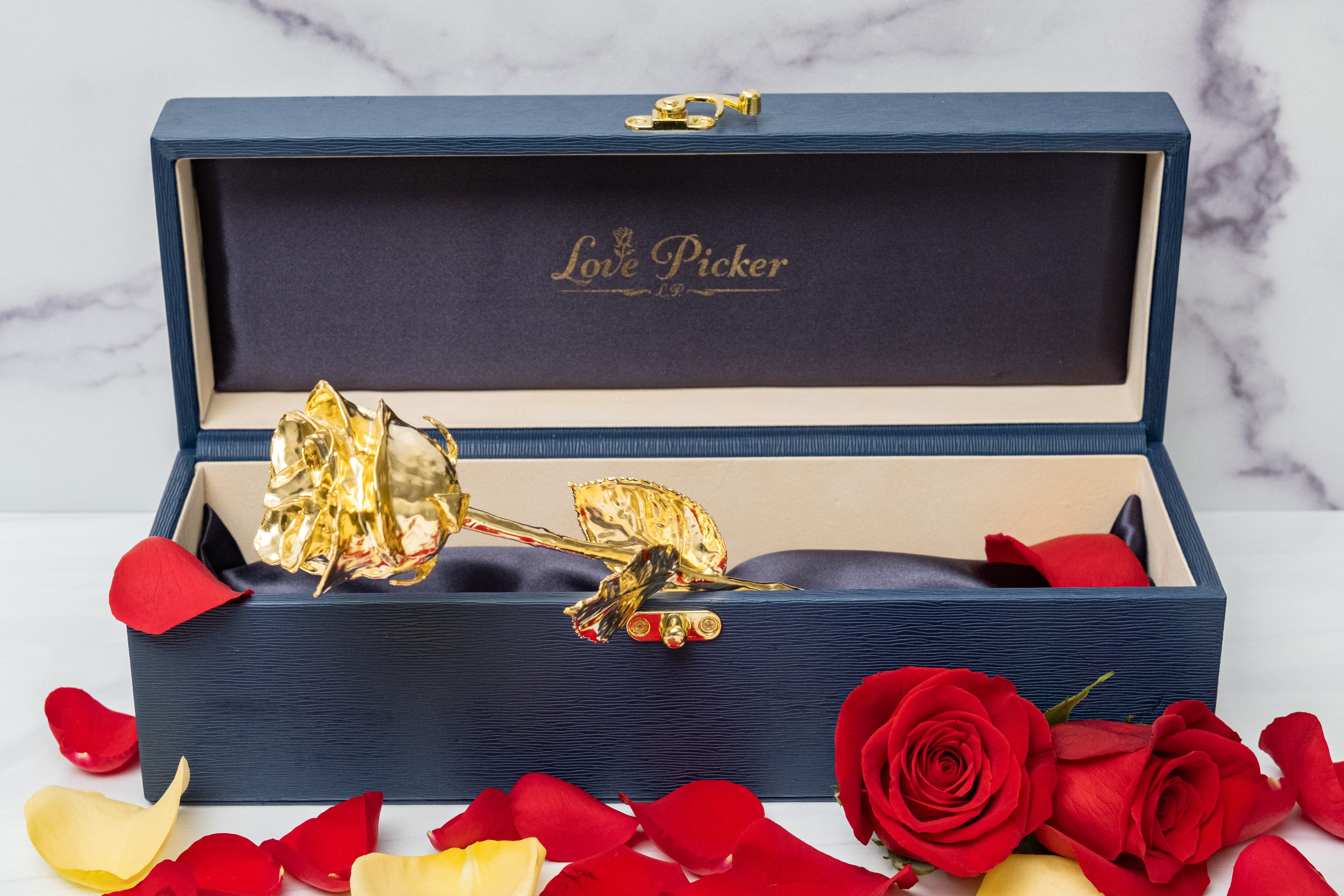 24K Gold Dipped Natural Rose 7" - Midnight Blue Real Leather Gift Box - Lovepicker