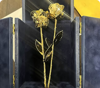 Two 11.5inch gold-dipped roses in a luxurious leather display from Lovepicker.com