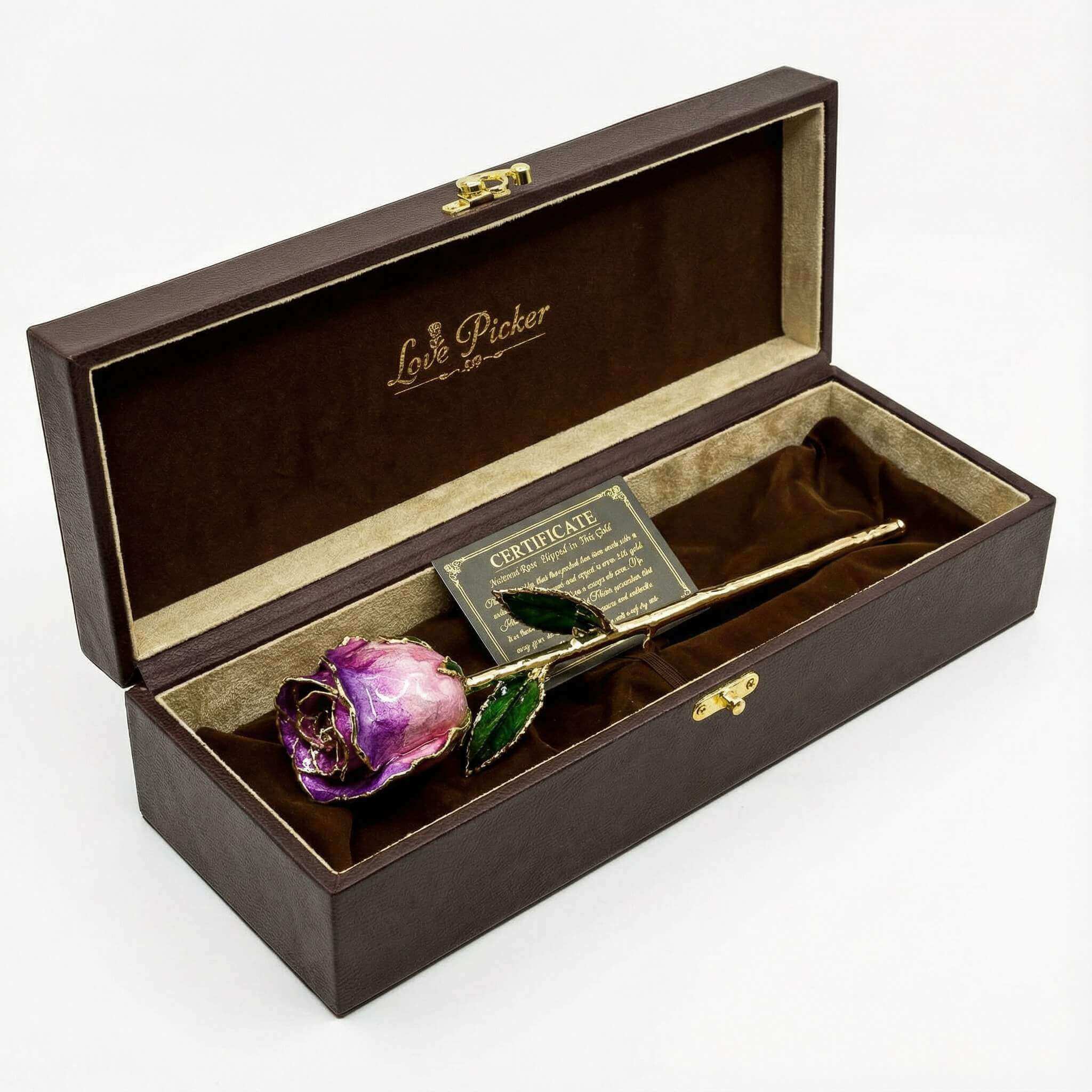 Gold and purple rose in a wooden box with 'Love Picker' branding.