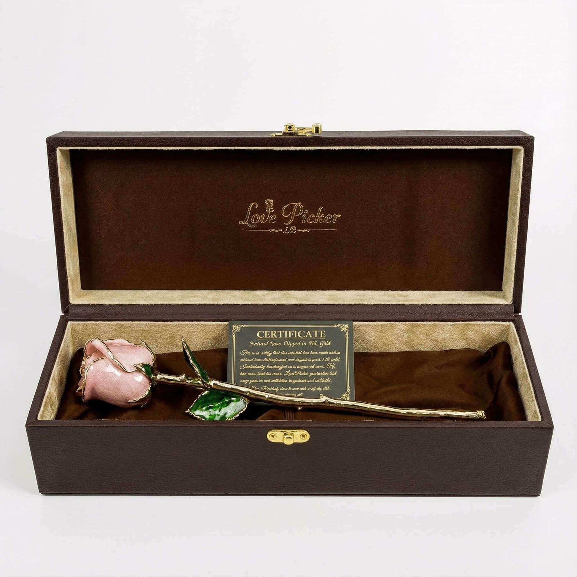 Gold-leafed rose in a decorative box with 'Love Fisher' branding on a white background