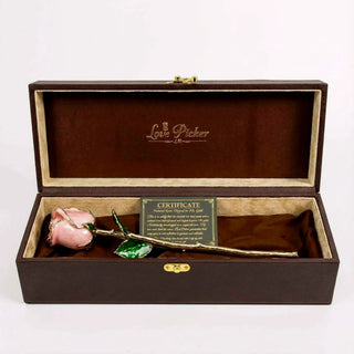 Gold-leafed rose in a decorative box with 'Love Fisher' branding on awhite background 
