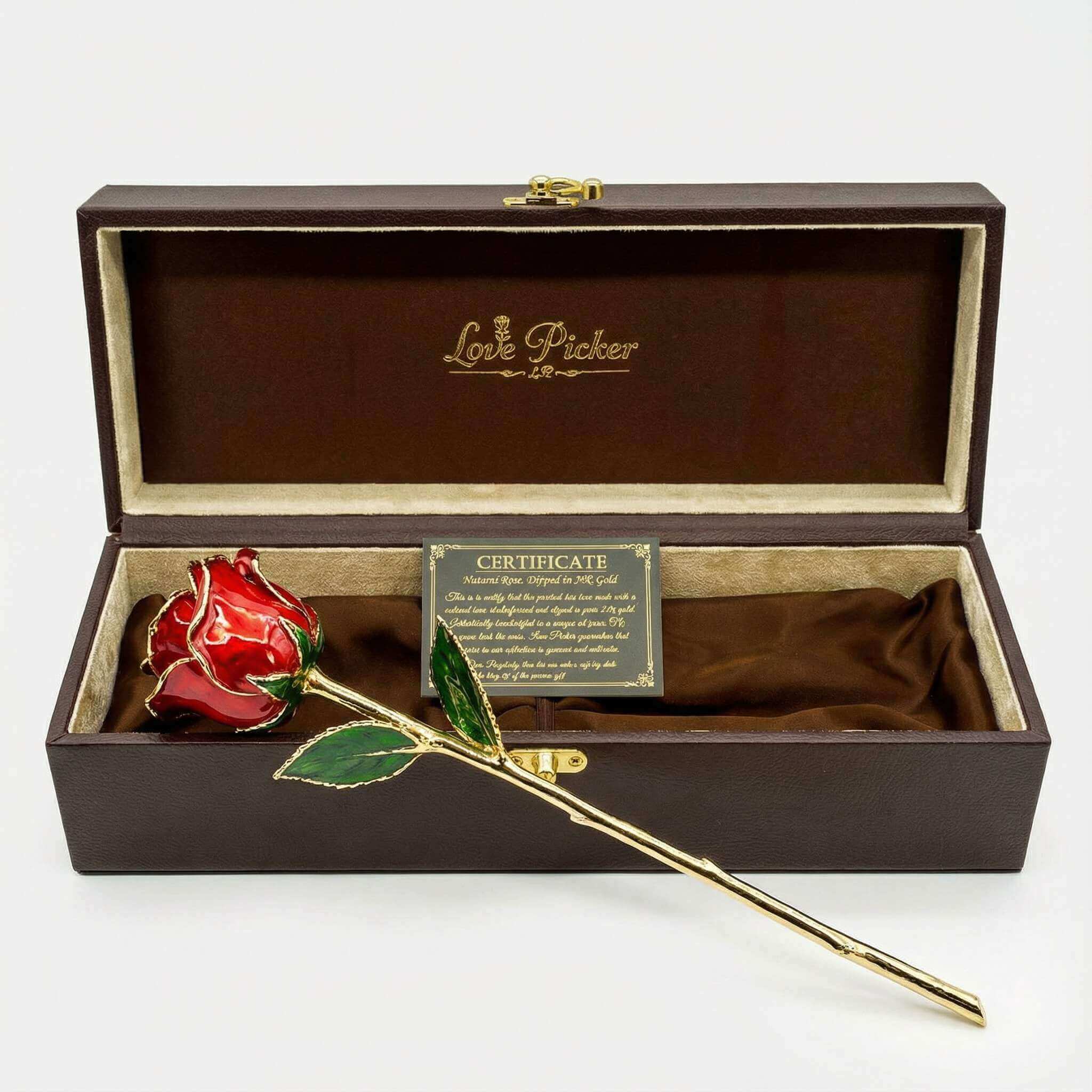 Gold-plated rose in a wooden box with 'Love Picker' branding