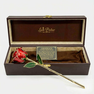 Gold-plated rose in a wooden box with 'Love Picker' branding