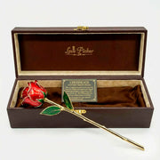 Gold-plated red rose in a wooden box with 'Love Picker' branding